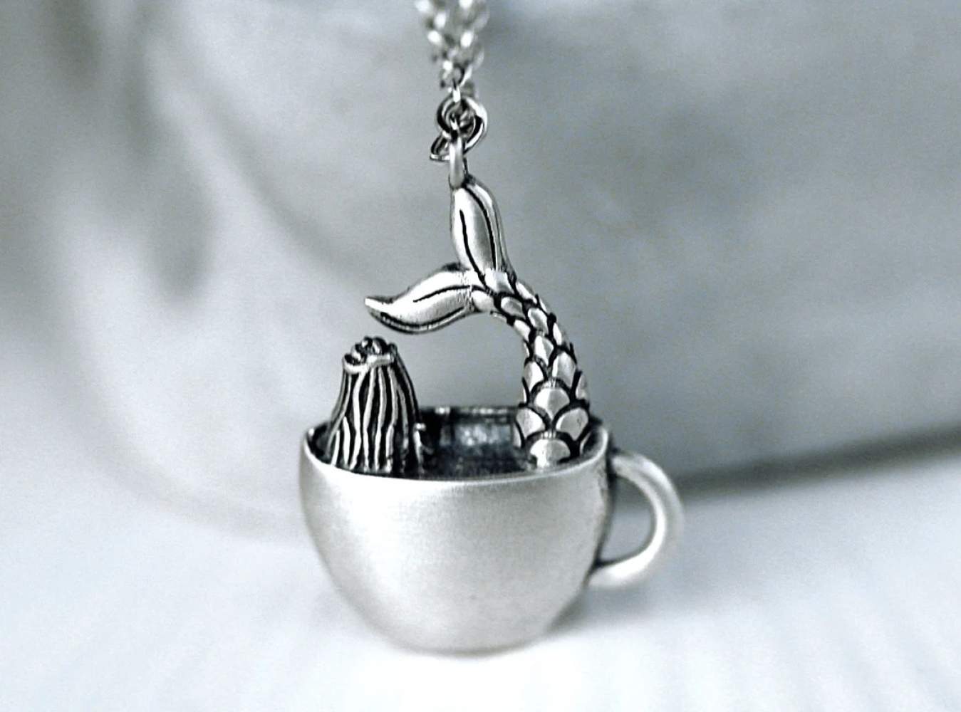 Mermaid in coffee cup necklace. Unique sterling silver pendant necklace